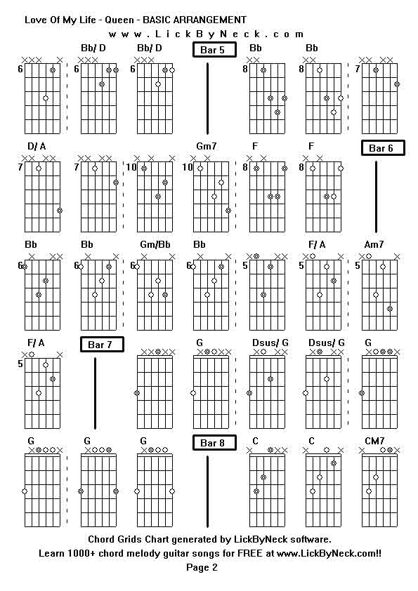 Chord Grids Chart of chord melody fingerstyle guitar song-Love Of My Life - Queen - BASIC ARRANGEMENT,generated by LickByNeck software.
